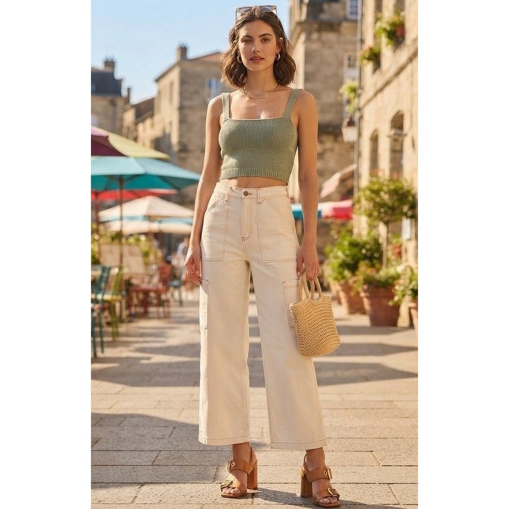 Denim Co. Women's 100% Cotton High Waist Wide Leg Cargo Jeans  Cream Size 2 EUC